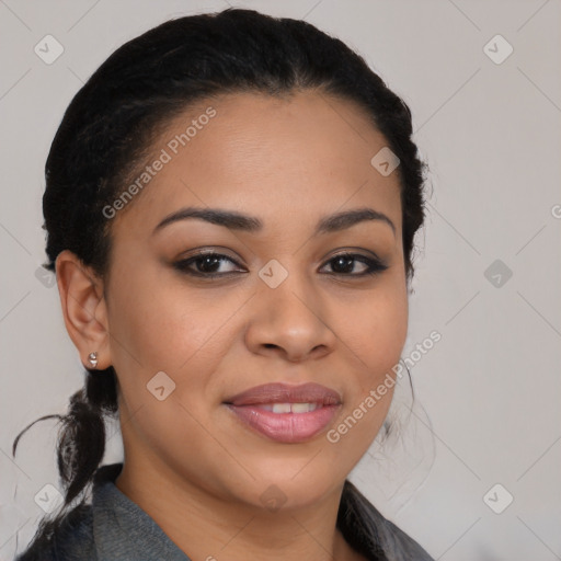 Joyful black young-adult female with medium  black hair and brown eyes