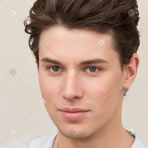 Neutral white young-adult male with short  brown hair and brown eyes