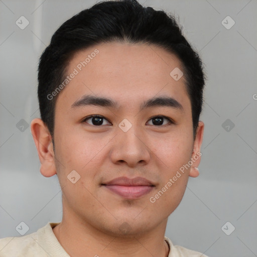 Joyful asian young-adult male with short  brown hair and brown eyes