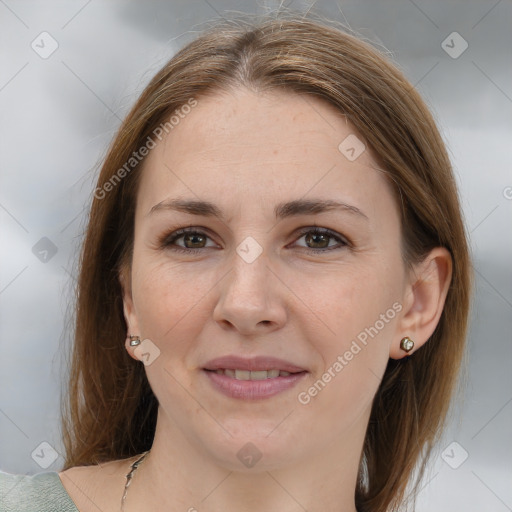 Joyful white young-adult female with medium  brown hair and grey eyes