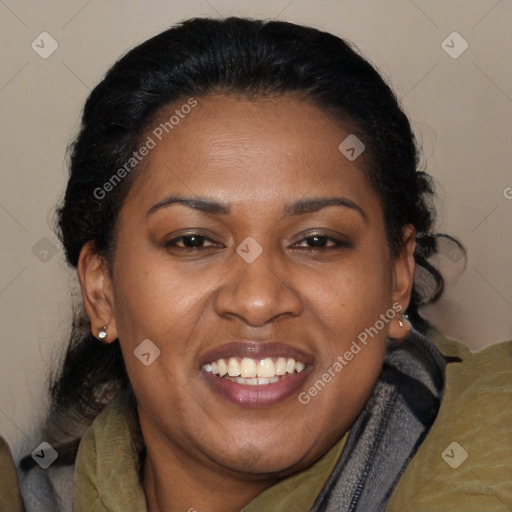 Joyful black adult female with long  brown hair and brown eyes