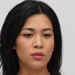 Neutral asian young-adult female with long  black hair and brown eyes