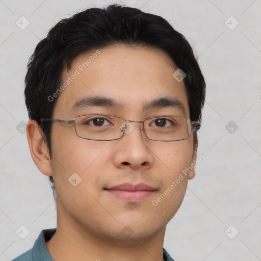 Neutral asian young-adult male with short  black hair and brown eyes