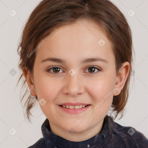 Joyful white child female with medium  brown hair and brown eyes