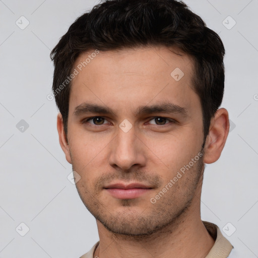 Neutral white young-adult male with short  brown hair and brown eyes