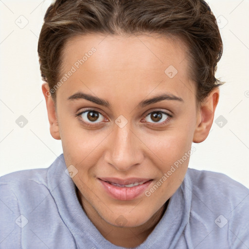 Joyful white young-adult female with short  brown hair and brown eyes