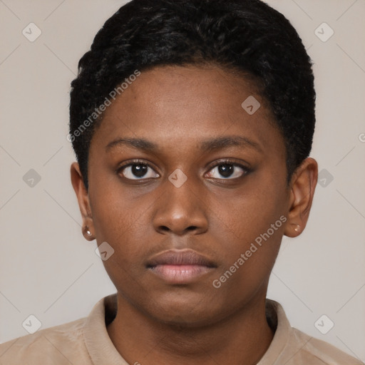 Neutral black young-adult female with short  black hair and brown eyes