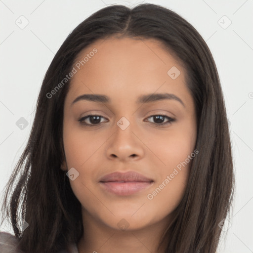 Joyful latino young-adult female with long  brown hair and brown eyes