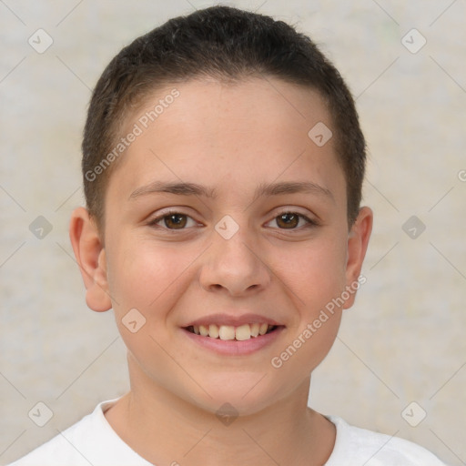 Joyful white child female with short  brown hair and brown eyes