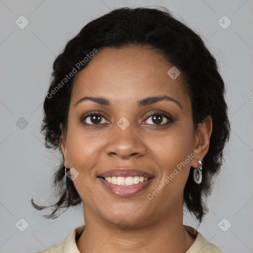 Joyful black young-adult female with medium  brown hair and brown eyes