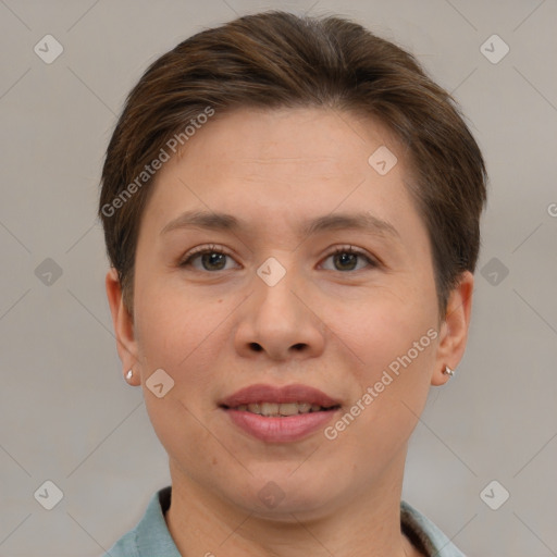 Joyful white young-adult female with short  brown hair and brown eyes