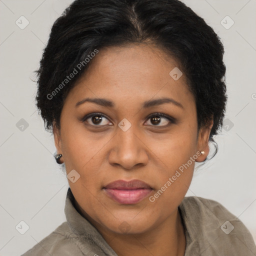 Joyful black young-adult female with short  brown hair and brown eyes