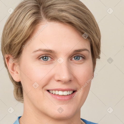 Joyful white young-adult female with medium  brown hair and blue eyes