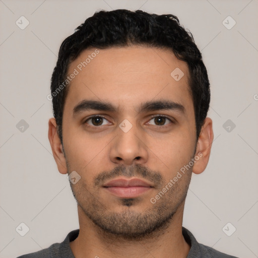 Neutral latino young-adult male with short  black hair and brown eyes