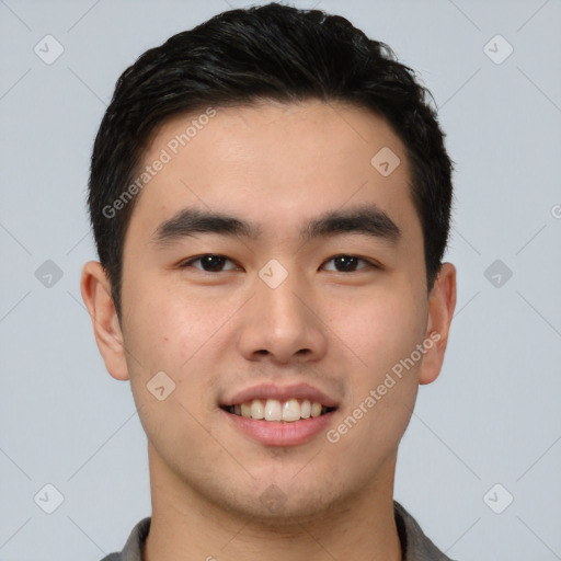 Joyful white young-adult male with short  black hair and brown eyes