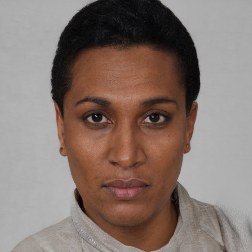 Neutral black young-adult female with short  black hair and brown eyes