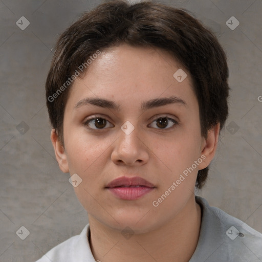 Neutral white young-adult female with short  brown hair and brown eyes