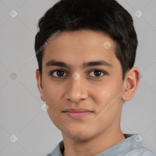 Joyful white young-adult male with short  black hair and brown eyes