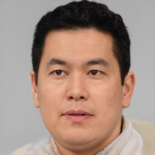 Neutral asian adult male with short  brown hair and brown eyes