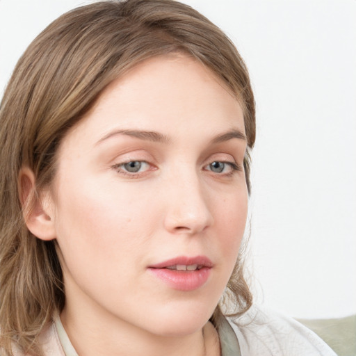 Neutral white young-adult female with medium  brown hair and blue eyes