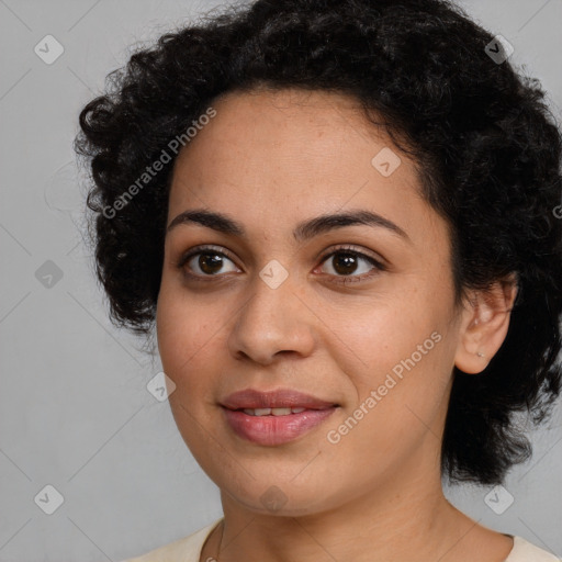 Joyful latino young-adult female with medium  black hair and brown eyes