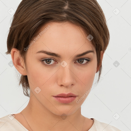 Neutral white young-adult female with medium  brown hair and brown eyes