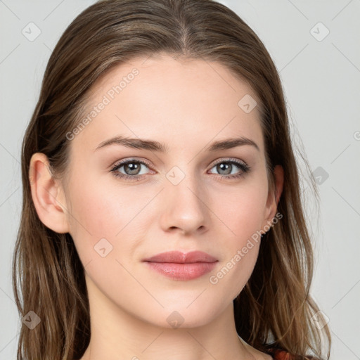 Neutral white young-adult female with long  brown hair and grey eyes