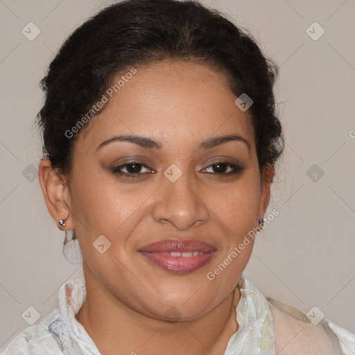 Joyful latino young-adult female with short  brown hair and brown eyes