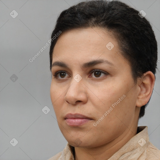 Joyful latino young-adult female with short  brown hair and brown eyes