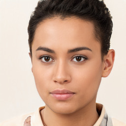 Neutral latino young-adult female with short  brown hair and brown eyes