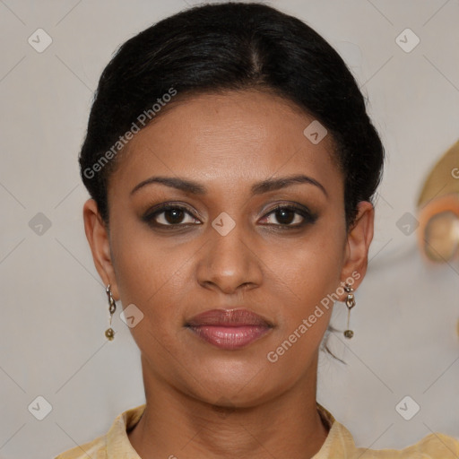 Joyful latino young-adult female with short  brown hair and brown eyes