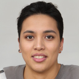 Joyful asian young-adult female with short  black hair and brown eyes