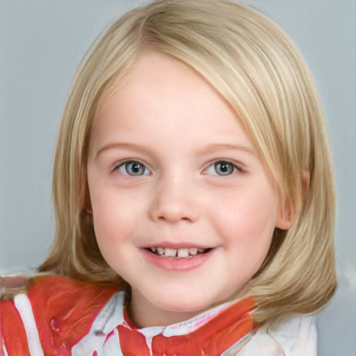 Joyful white child female with medium  brown hair and blue eyes