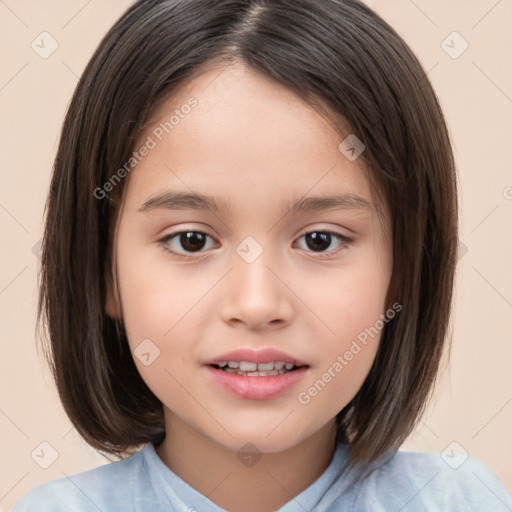 Joyful white child female with medium  brown hair and brown eyes