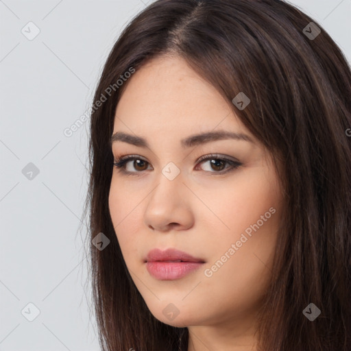 Neutral white young-adult female with long  brown hair and brown eyes