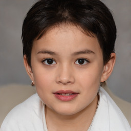 Joyful white child female with medium  brown hair and brown eyes