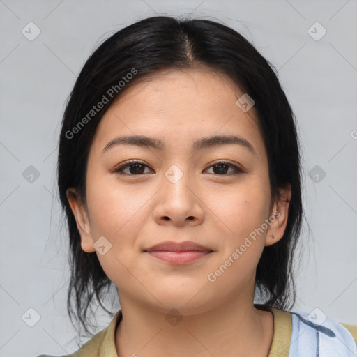 Joyful asian young-adult female with medium  brown hair and brown eyes