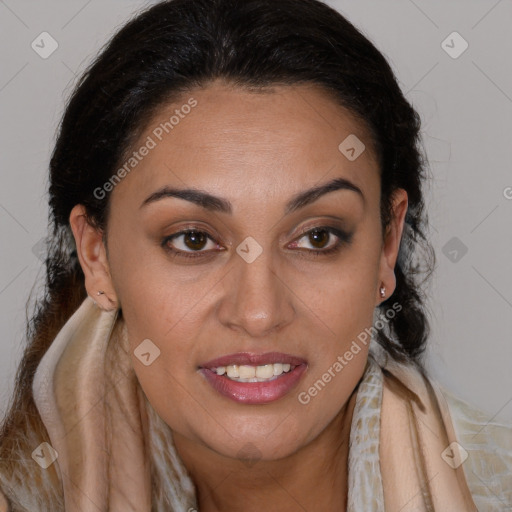 Joyful latino young-adult female with medium  brown hair and brown eyes