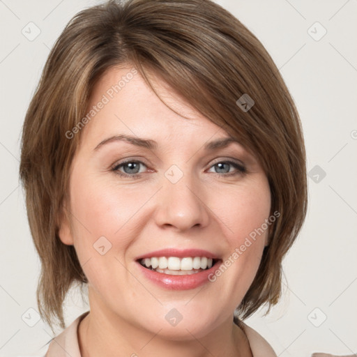 Joyful white young-adult female with medium  brown hair and grey eyes