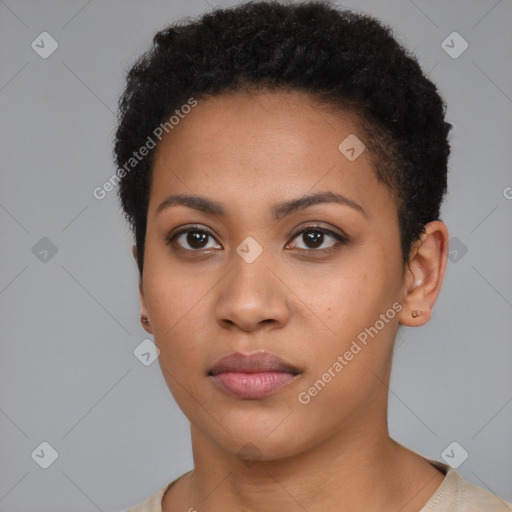 Neutral latino young-adult female with short  black hair and brown eyes