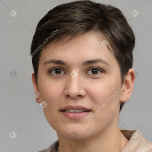 Joyful white young-adult female with short  brown hair and brown eyes