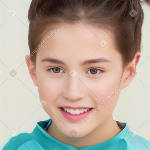 Joyful white child female with short  brown hair and brown eyes