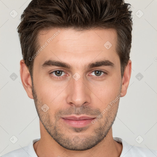 Neutral white young-adult male with short  brown hair and brown eyes