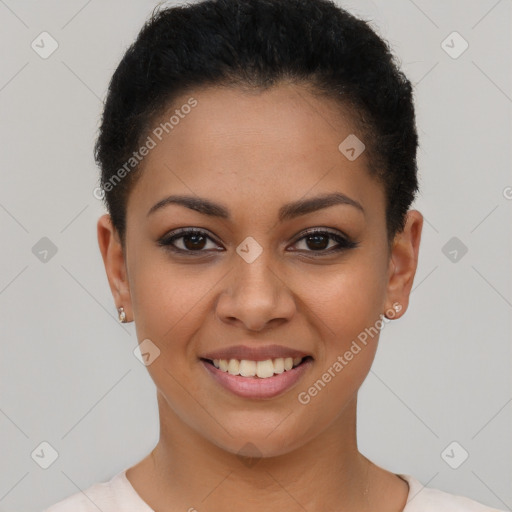 Joyful latino young-adult female with short  brown hair and brown eyes