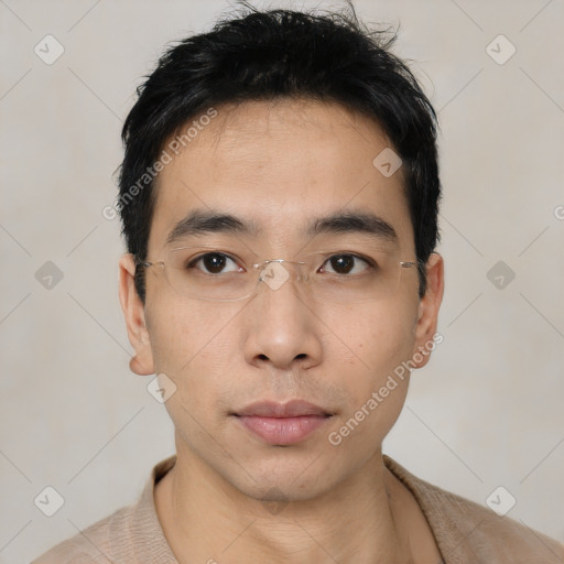 Neutral asian young-adult male with short  black hair and brown eyes