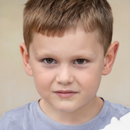 Joyful white child male with short  brown hair and brown eyes