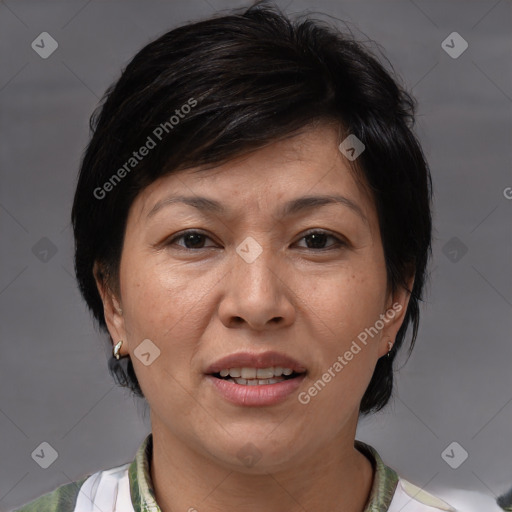 Joyful white adult female with medium  brown hair and brown eyes