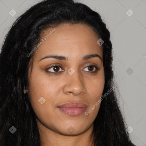 Joyful latino young-adult female with long  brown hair and brown eyes