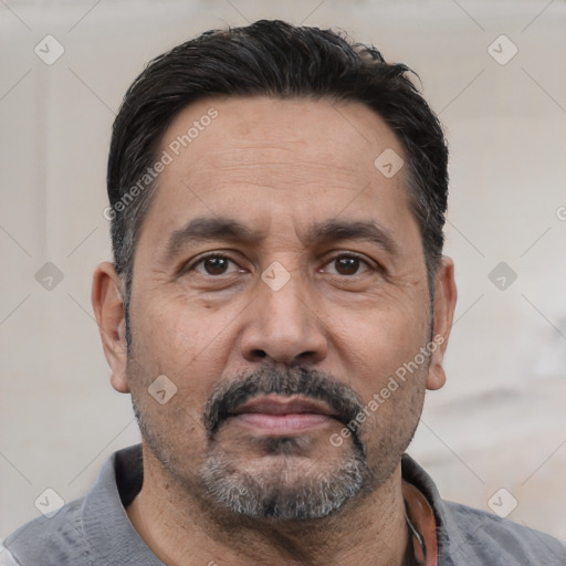 Neutral white adult male with short  black hair and brown eyes