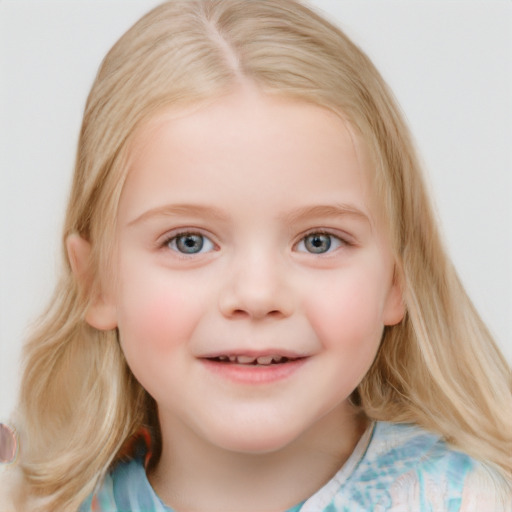 Joyful white child female with medium  blond hair and blue eyes